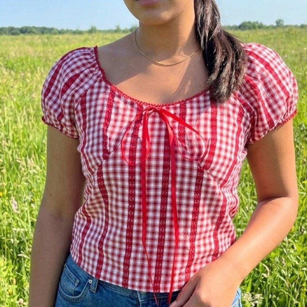 Bailey Rose Red Gingham Smocked Crop Top Puff Sleeve 100% Cotton NWT L